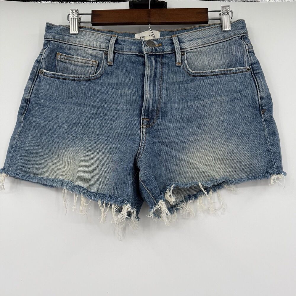FRAME Le Brigette Shorts Womens 28 Alamitos Blue Denim Raw Fray Hem USA